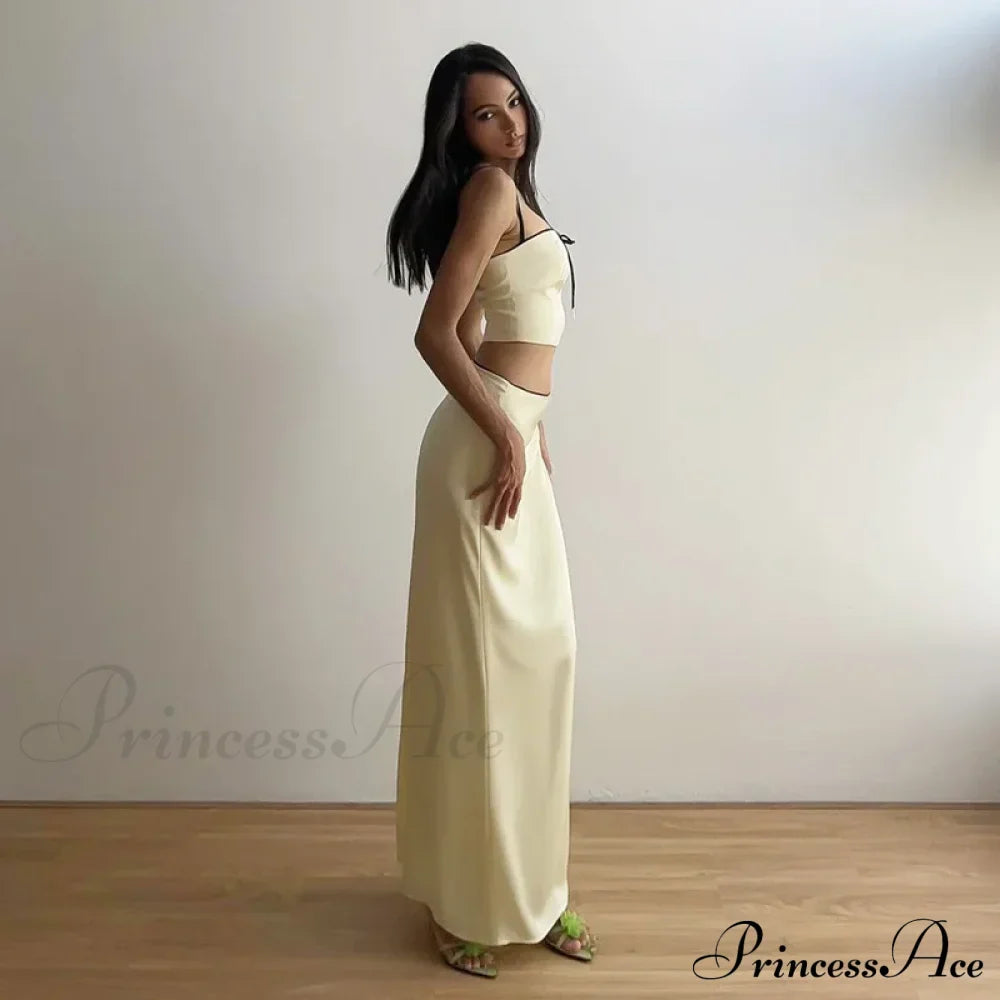 Satin Bow Cami Crop Graceful Top And Maxi Skirt Set