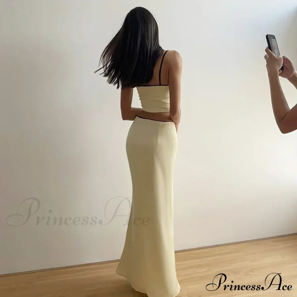 Satin Bow Cami Crop Graceful Top And Maxi Skirt Set