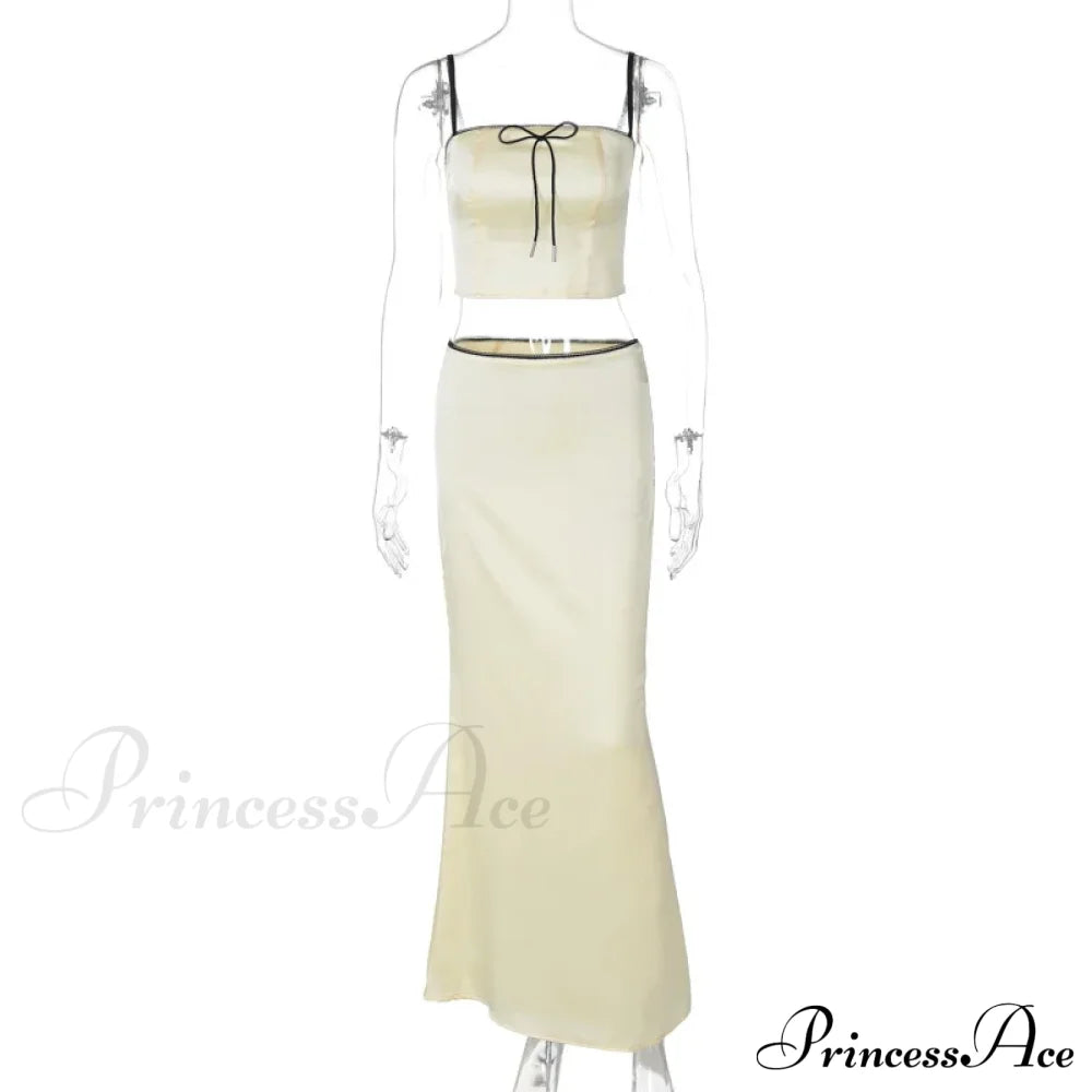 Satin Bow Cami Crop Graceful Top And Maxi Skirt Set