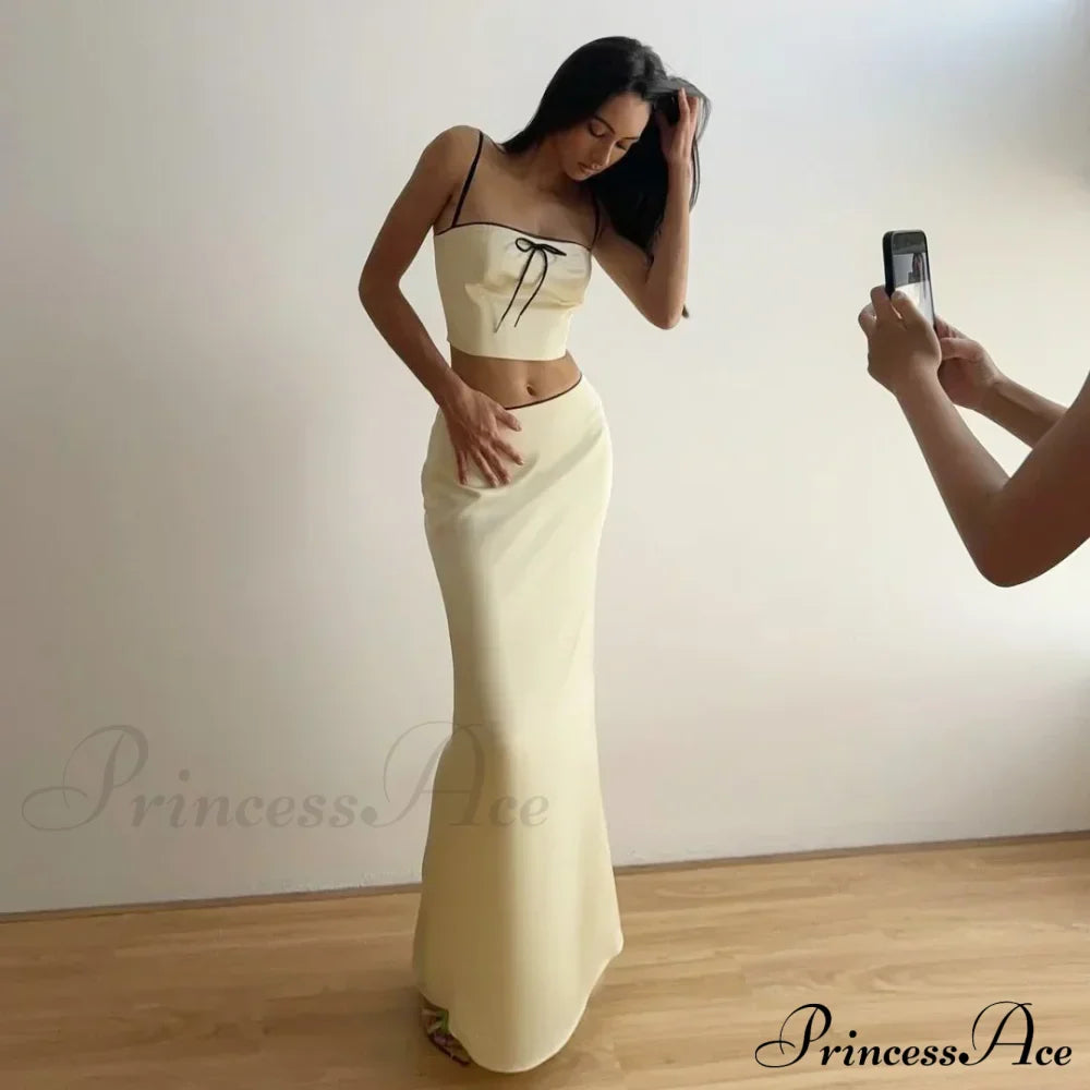Satin Bow Cami Crop Graceful Top And Maxi Skirt Set