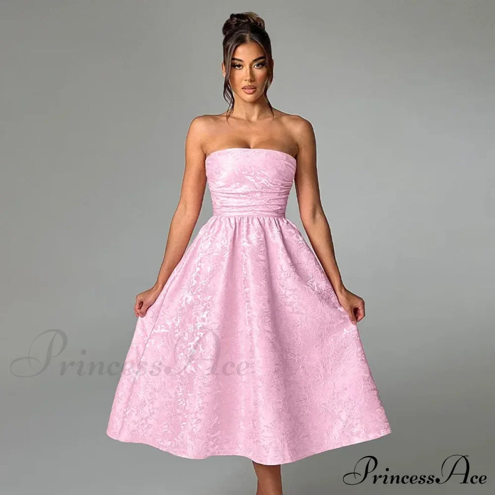 Satin Jacquard Printed Charming Tube Flare Midi Dress