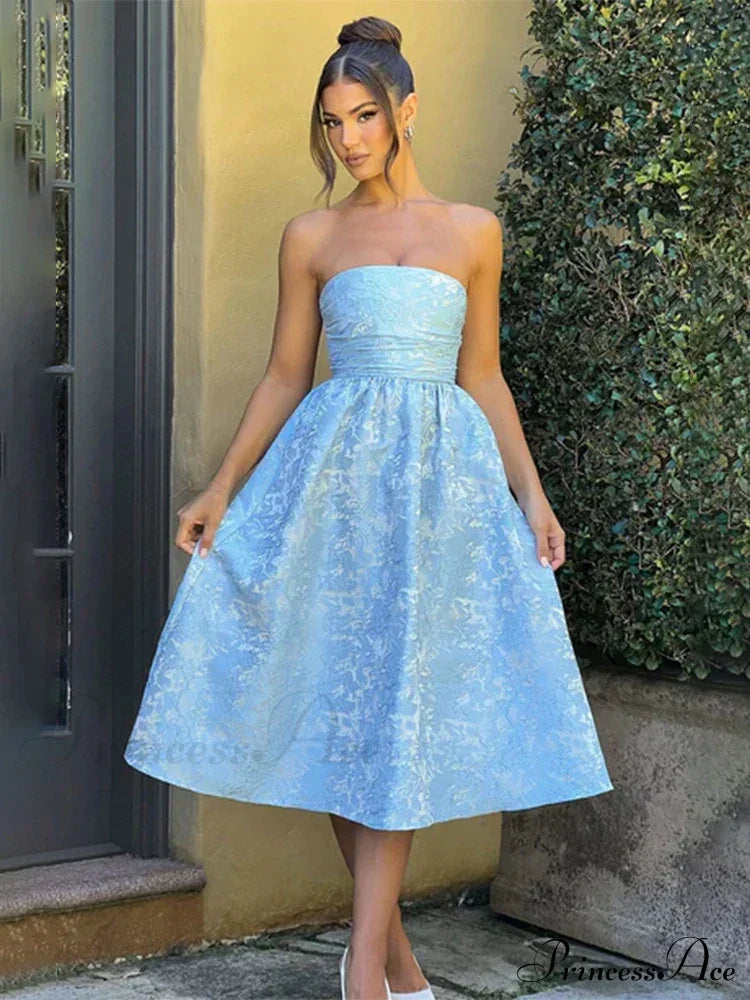 Satin Jacquard Printed Charming Tube Flare Midi Dress
