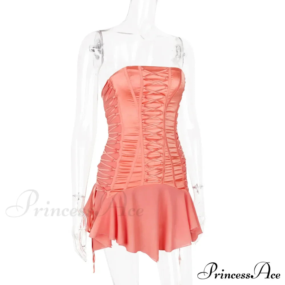 Satin Lace Up Charming Bandage Strapless Mini Dress