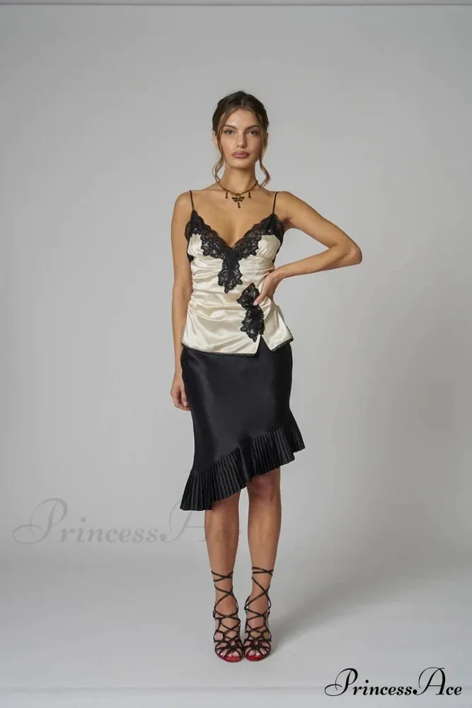 Satin Pleated Stylish Trim Midi Skirt