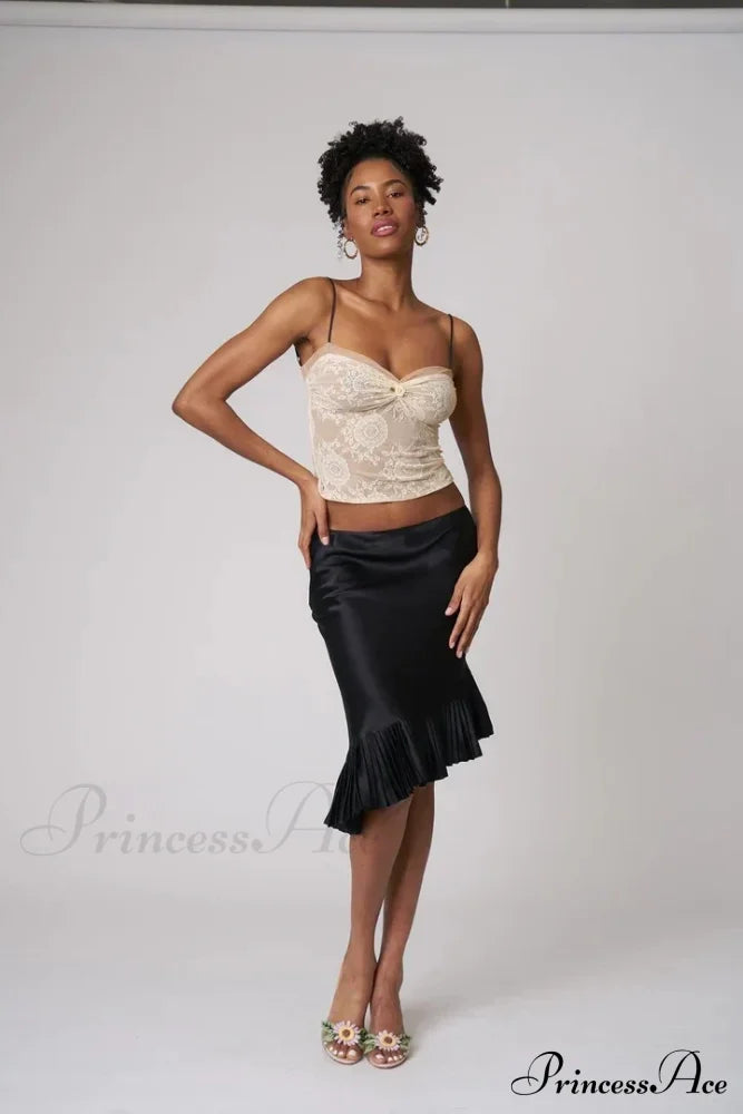 Satin Pleated Stylish Trim Midi Skirt