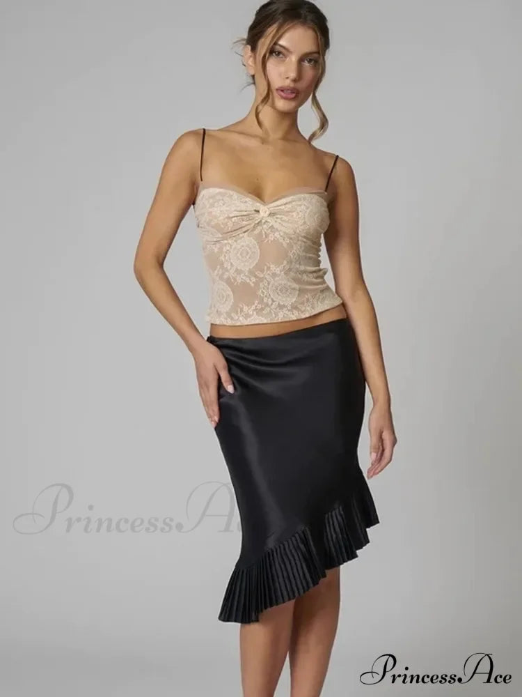 Satin Pleated Stylish Trim Midi Skirt