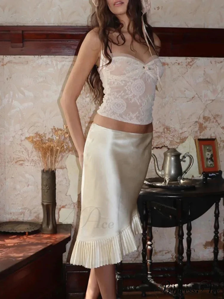 Satin Pleated Stylish Trim Midi Skirt