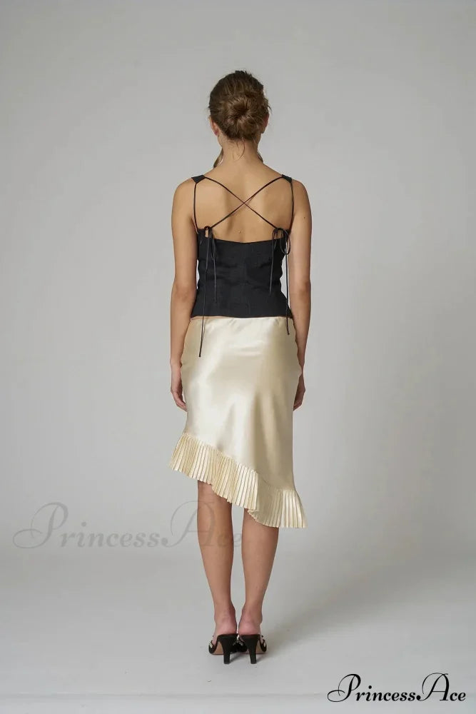 Satin Pleated Stylish Trim Midi Skirt