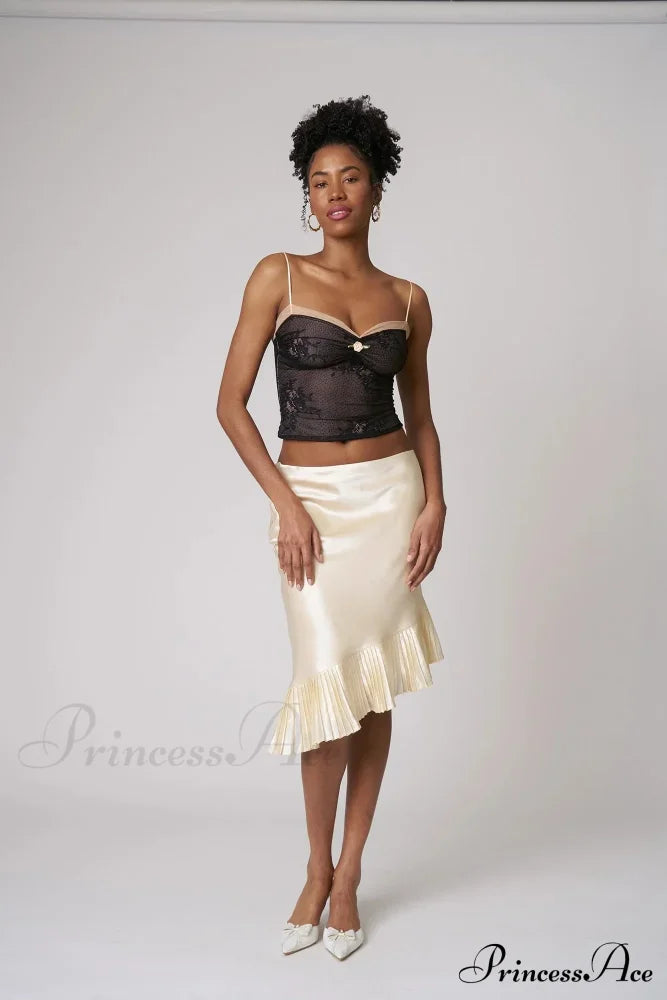 Satin Pleated Stylish Trim Midi Skirt