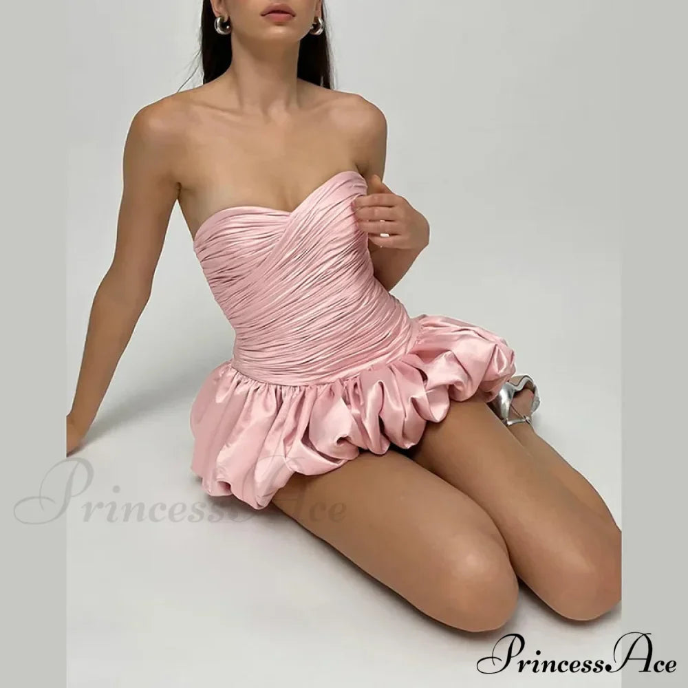 Satin Ruched Stylish Puff Mini Dress