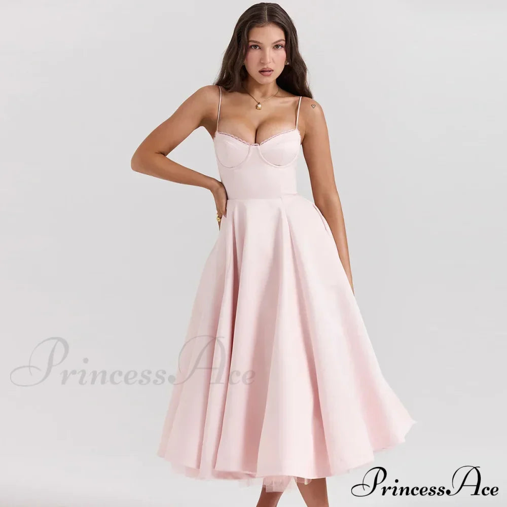 Satin Tulle Flare Charming Strap Cupped Midi Dress