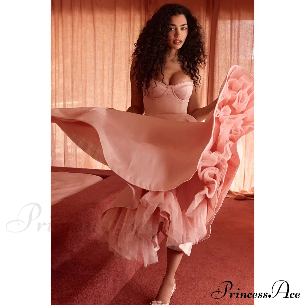 Satin Tulle Flare Charming Strap Cupped Midi Dress