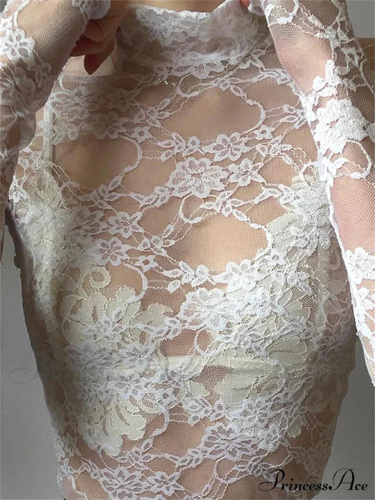 See Through Crop Top Long Sleeve High Neck Lace Floral Slim Fit T-shirts