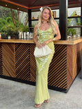 Sequin Backless Lace-Up Square Collar Maxi Dress