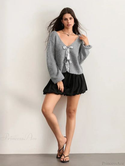 Sequin Bow Front Tie Loose V-neck Cardigan