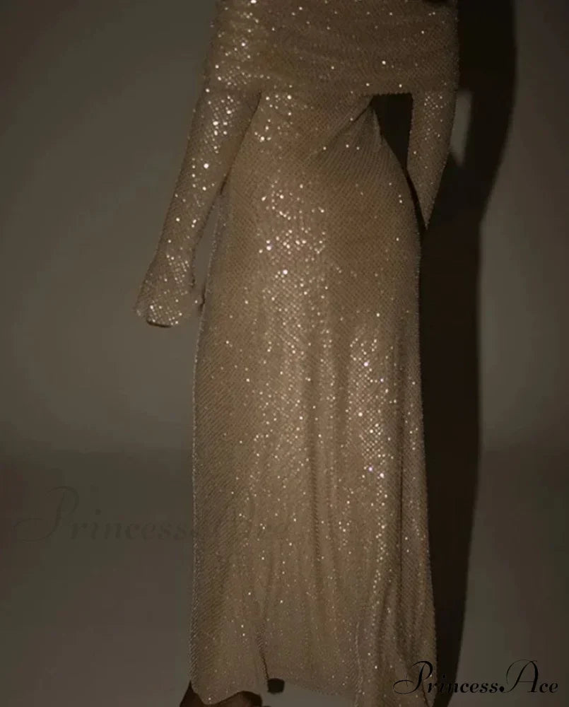 Sequin Long Sleeve Charming Off-Shoulder Maxi Dress