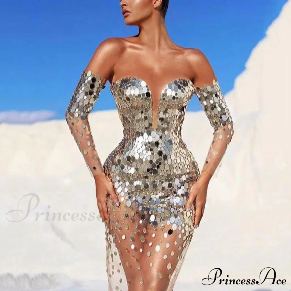 Sequin Mesh Off Shoulder Bodycon Maxi Party Dress