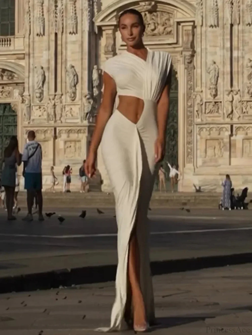 Sexy Asymmetrical Neck Hollow Out White Sleeveless Split Ruched Party Dress