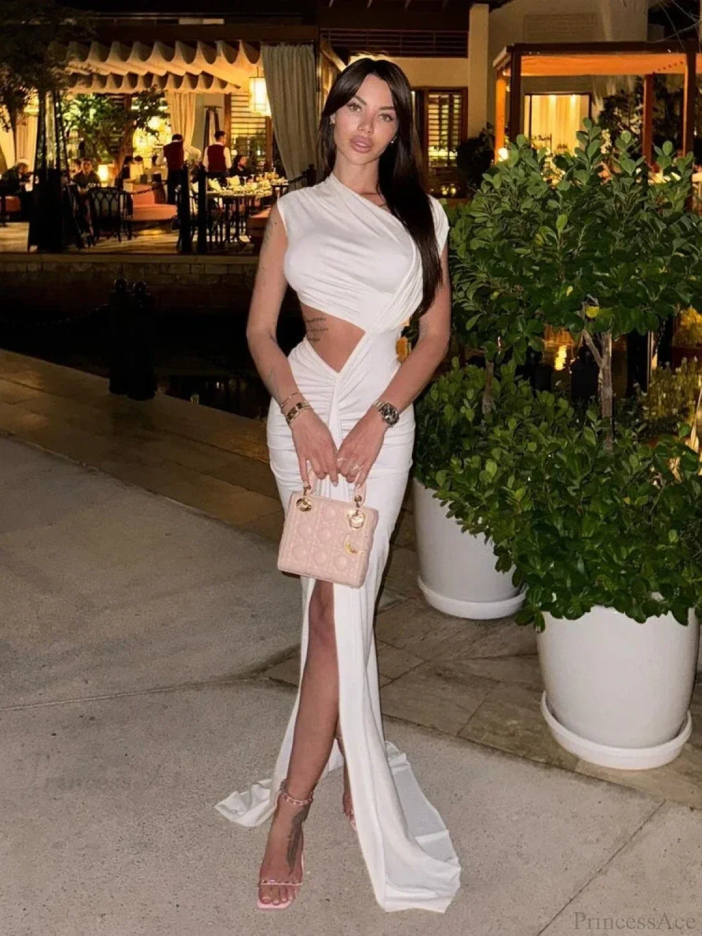 Sexy Asymmetrical Neck Hollow Out White Sleeveless Split Ruched Party Dress