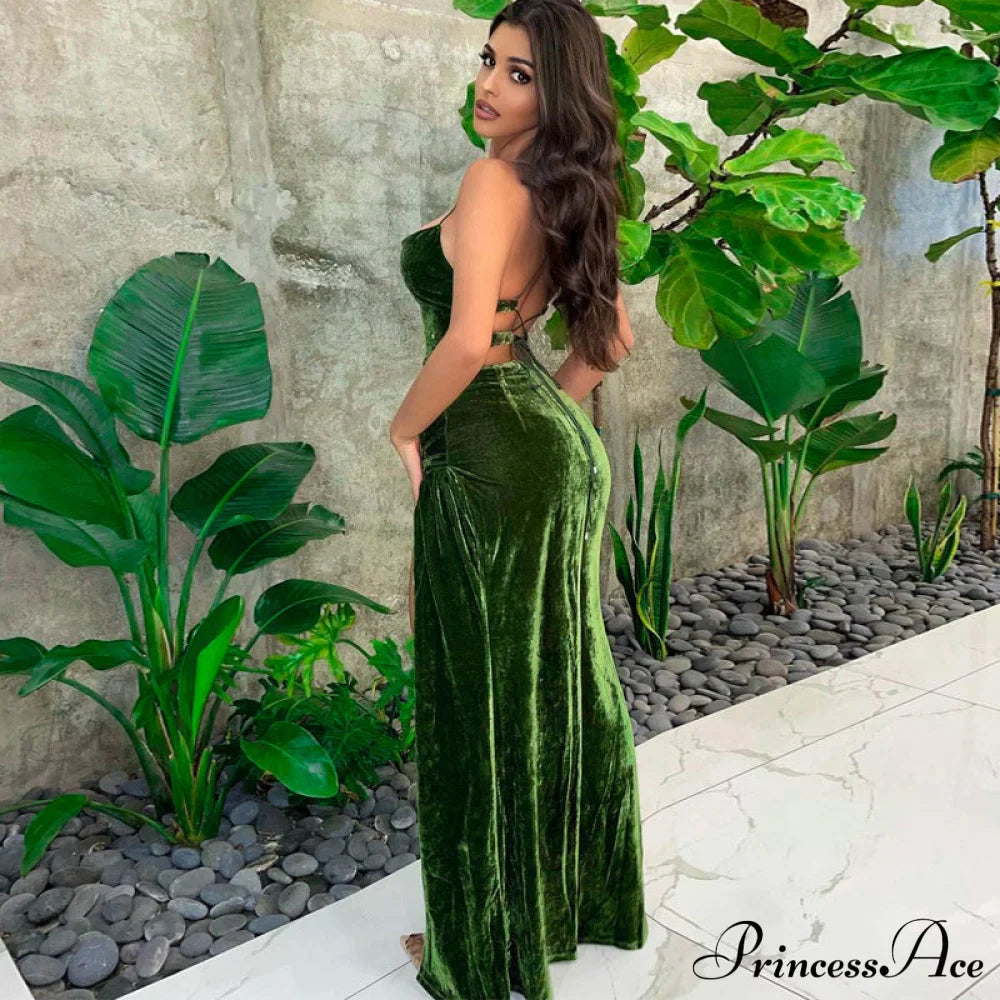 Sexy Backless Sleeveless Party Velvet Maxi Dresses