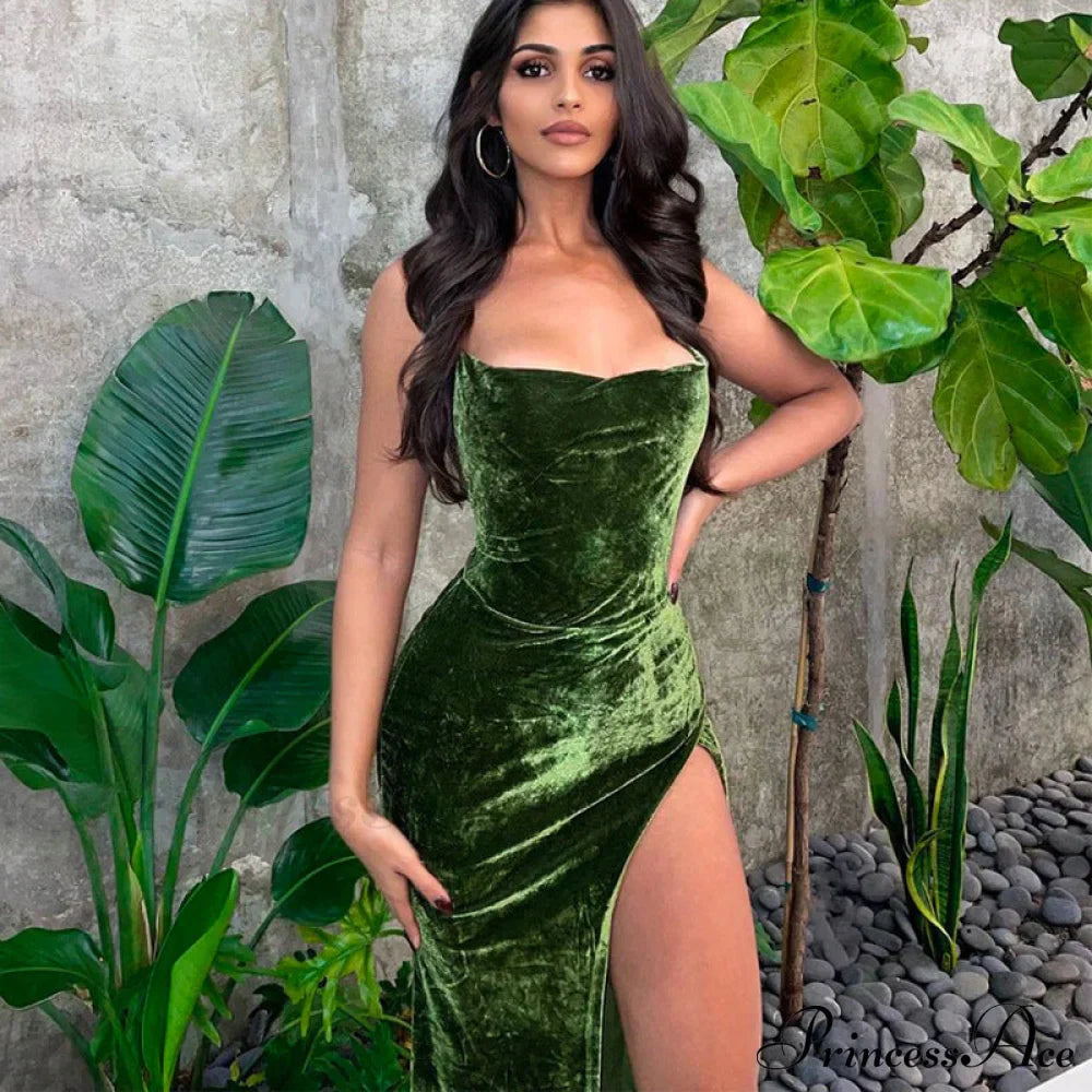 Sexy Backless Sleeveless Party Velvet Maxi Dresses