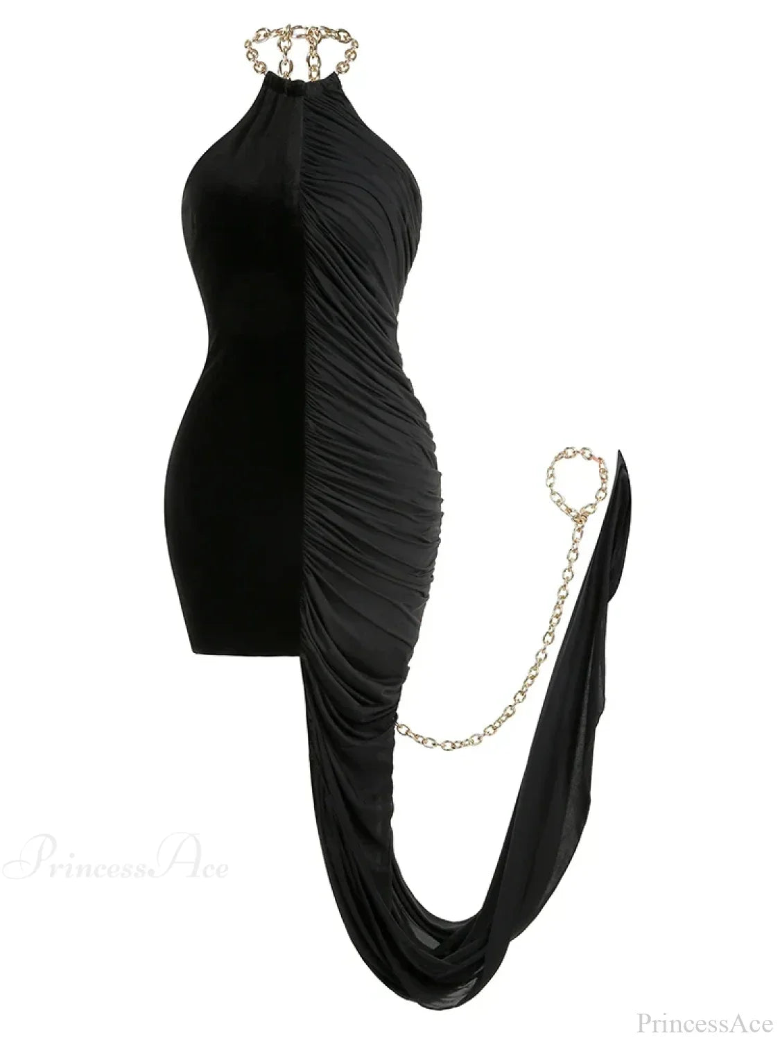 Sexy Chain Halter Neck Patchwork Flods Black Sleeveless Backless Evening Party Dress