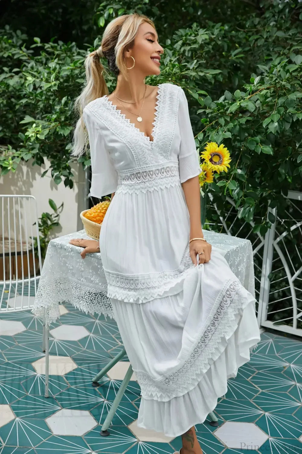 Sexy Deep V-neck Backless Cotton Lace Dress