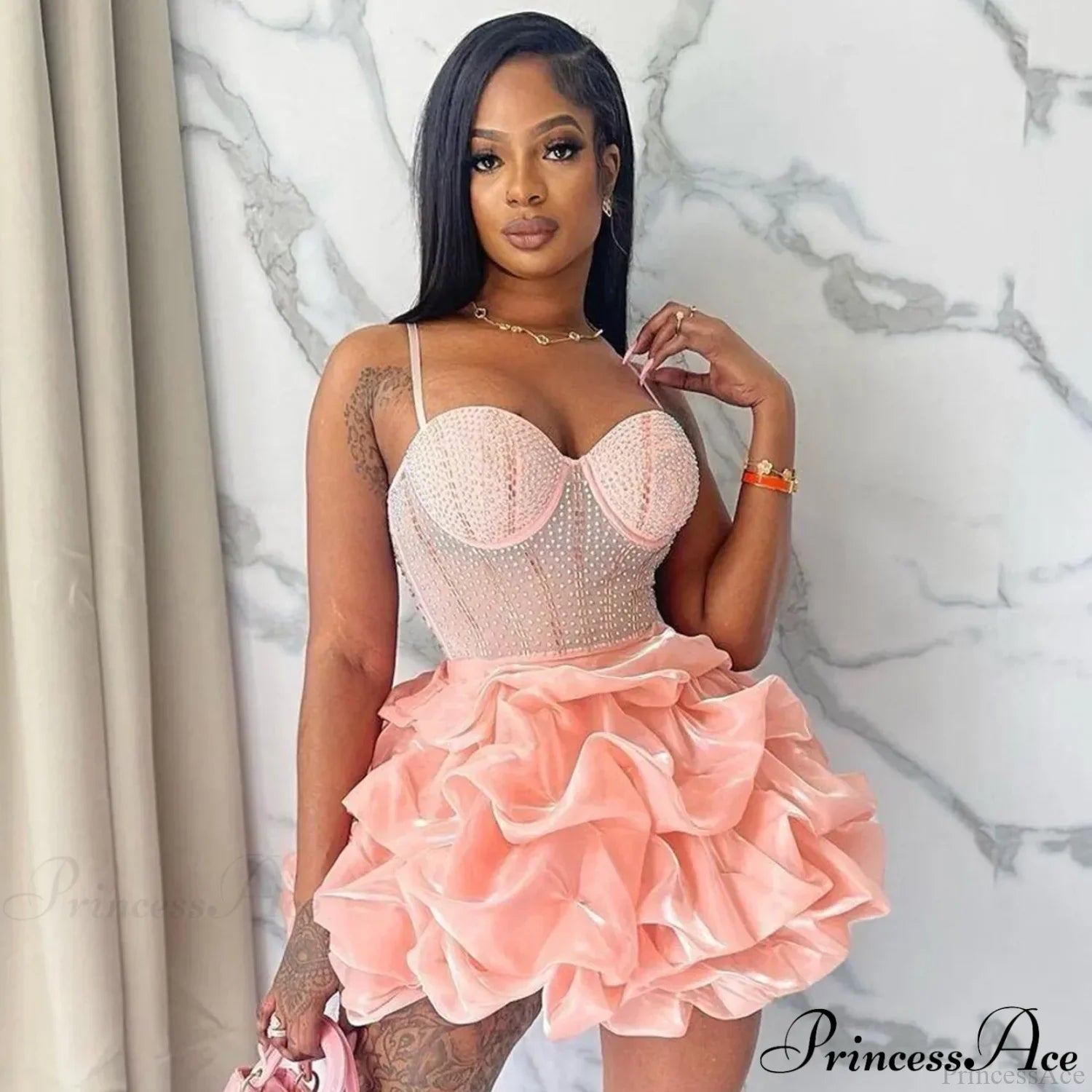 Sexy Fitted Rhinestone Elastic Tiered Cami Dress