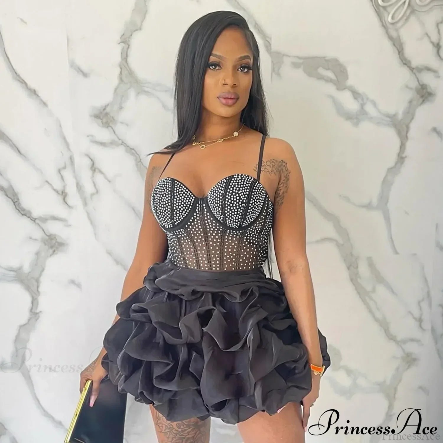 Sexy Fitted Rhinestone Elastic Tiered Cami Dress