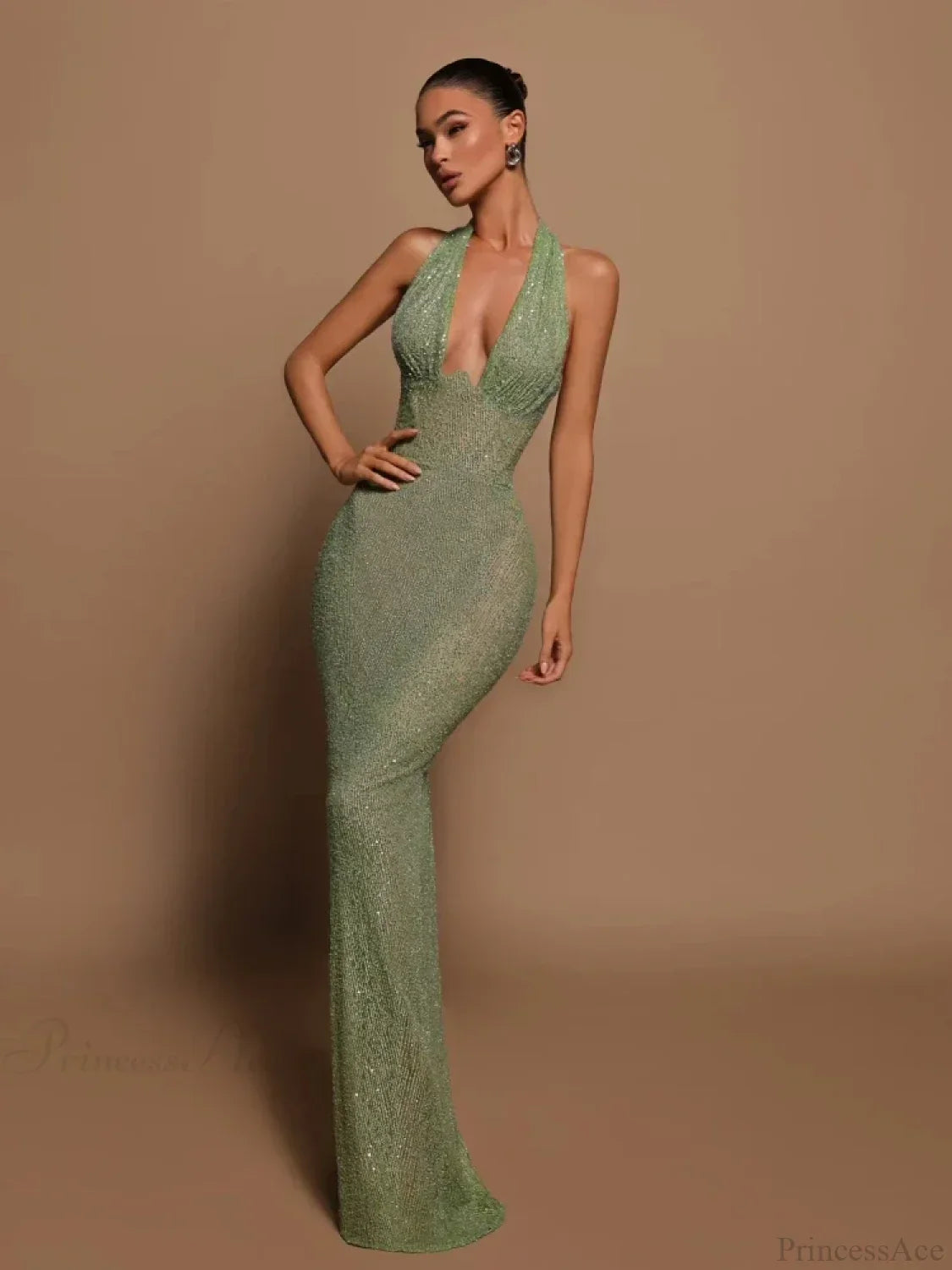 Sexy Halter Deep V Neck Sequins Green Sleeveless Backless Celebrity Party Dress