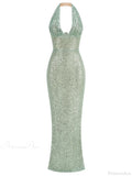 Sexy Halter Deep V Neck Sequins Green Sleeveless Backless Celebrity Party Dress