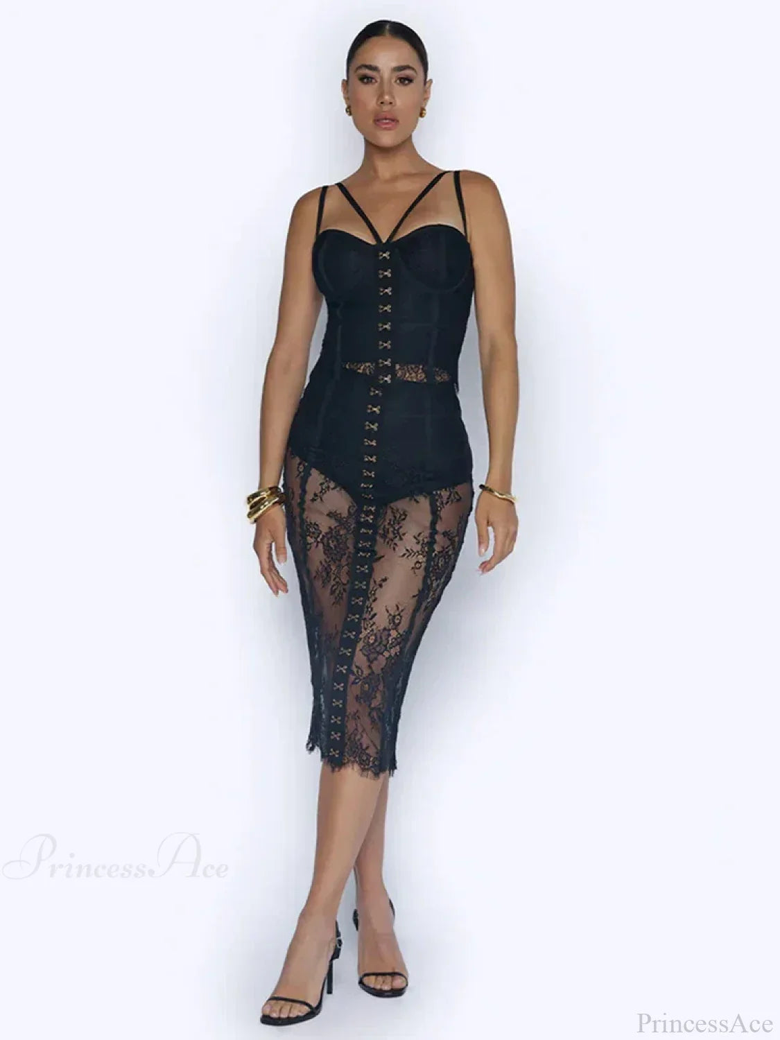 Sexy Lace Two-Piece Black Sleeveless Hook-Front See Through Evening Party Dress