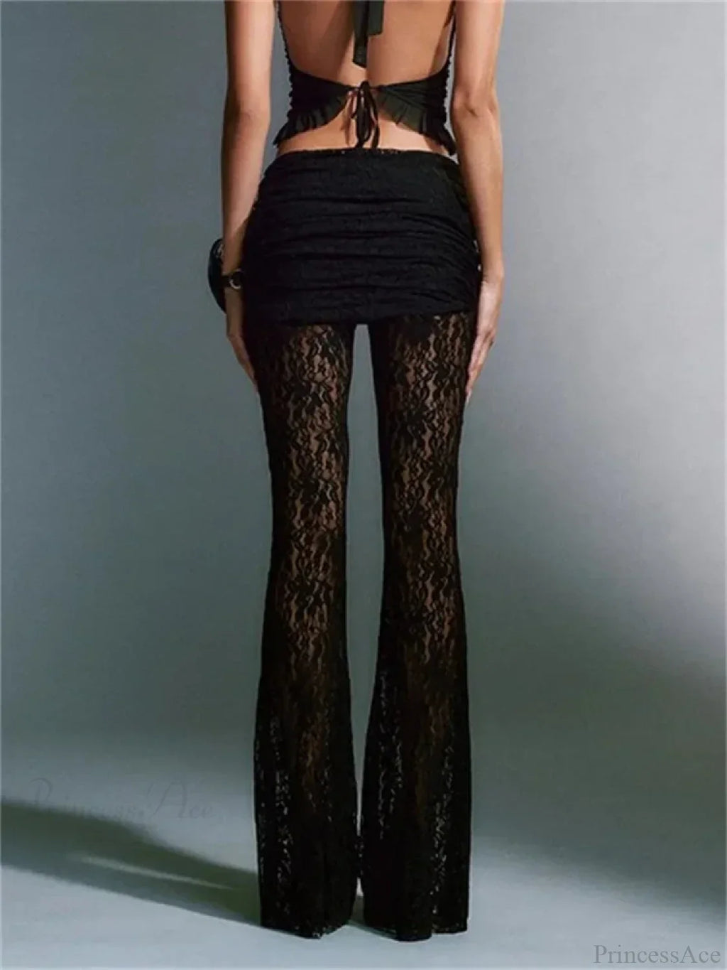 Sexy Mesh See-Through High Waist Floral Flared Pant