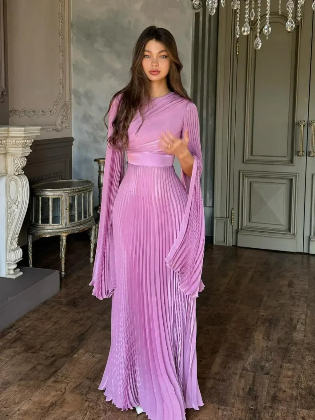 Sexy O Neck Batwing Sleeve Pleated Long Dress Women Rose Party Dress
