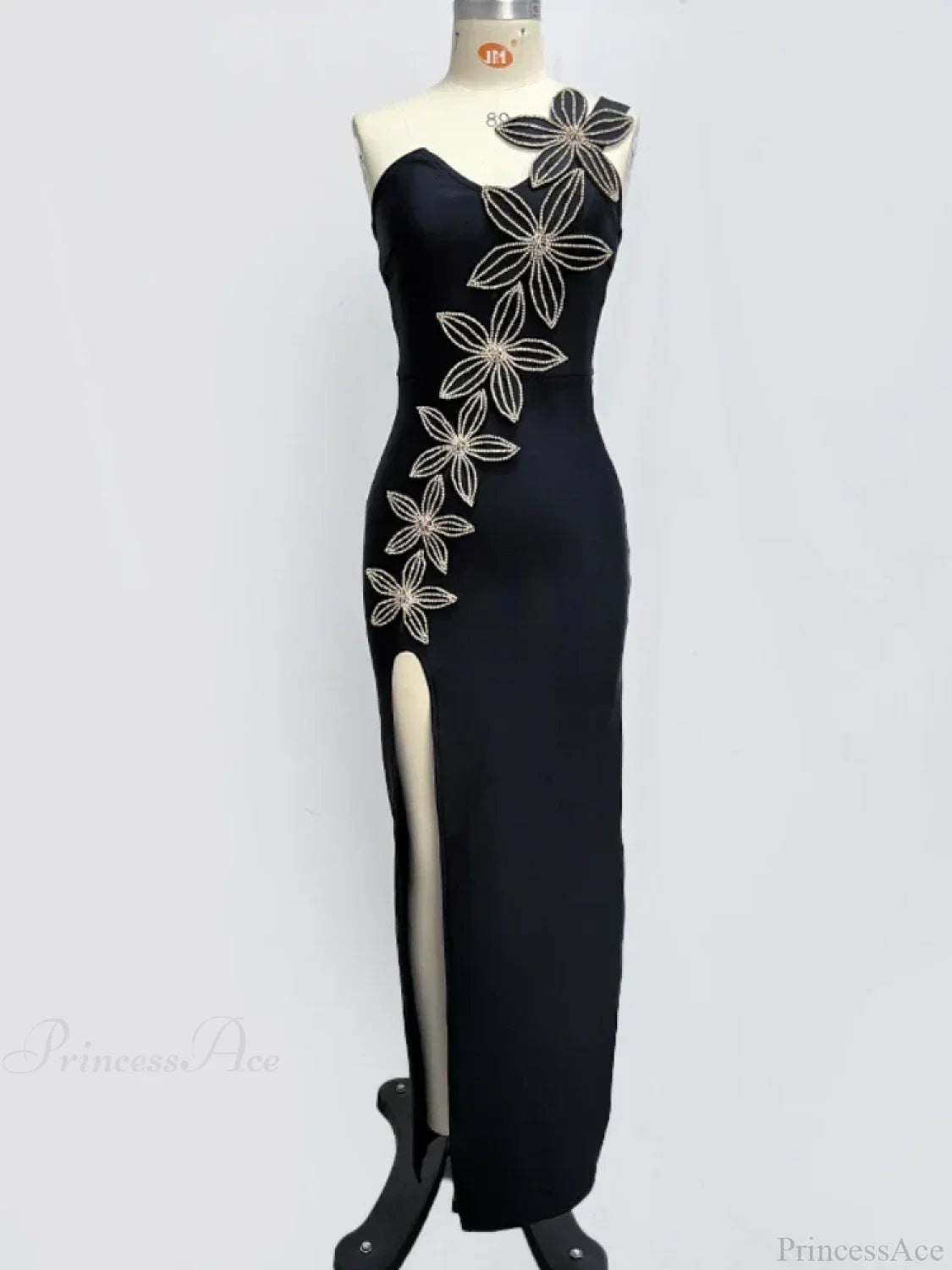 Sexy One Shoulder Sleeveless Diamonds Flower Bandage Black High Slit Party Dress