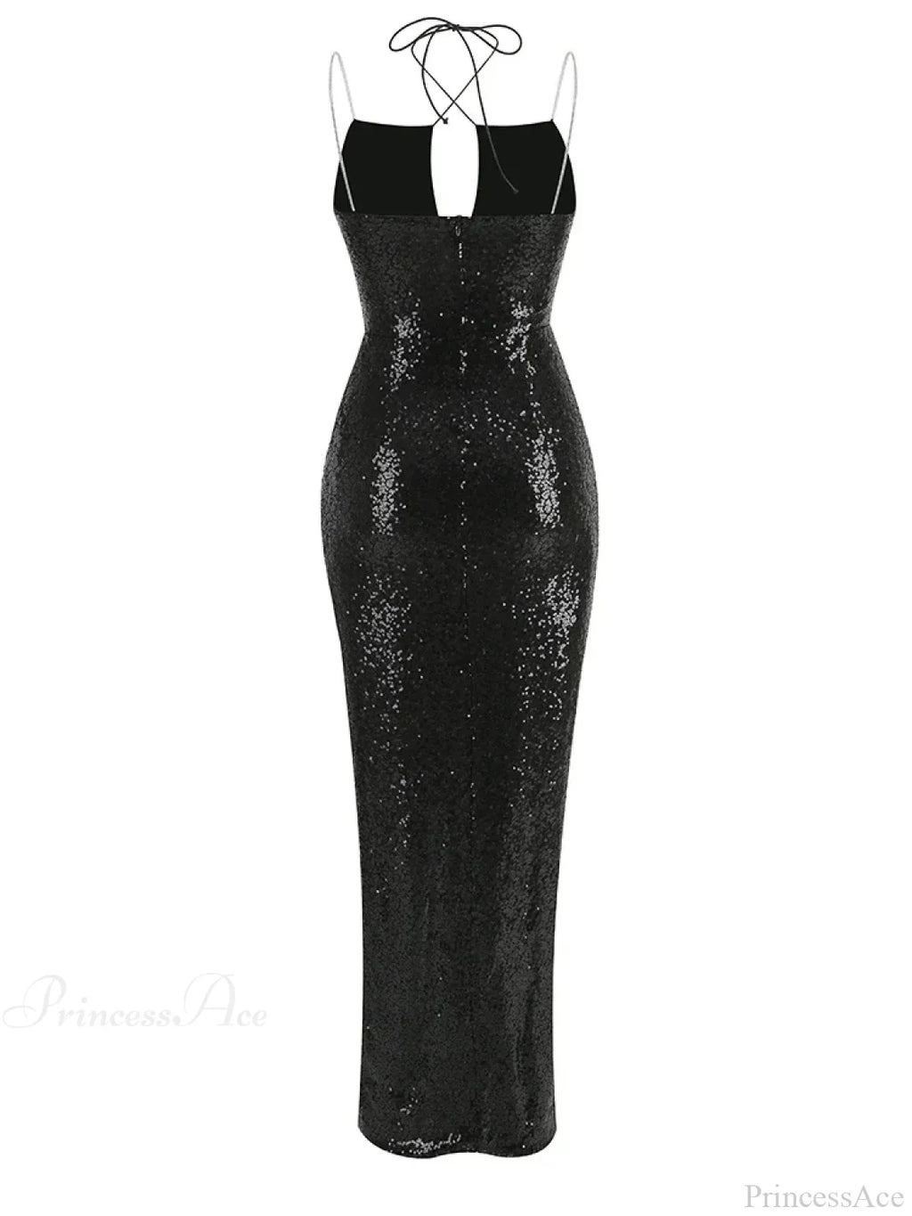 Sexy Sleeveless Cut Out Black Sequins Elegant Backless High Slit Party Dress