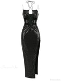 Sexy Sleeveless Cut Out Black Sequins Elegant Backless High Slit Party Dress