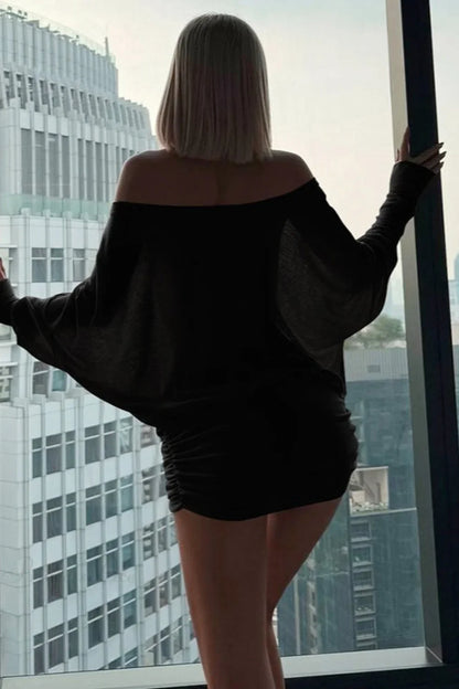 Sexy Solid Color Batwing Off-the-Shoulder Long Sleeve Blouse