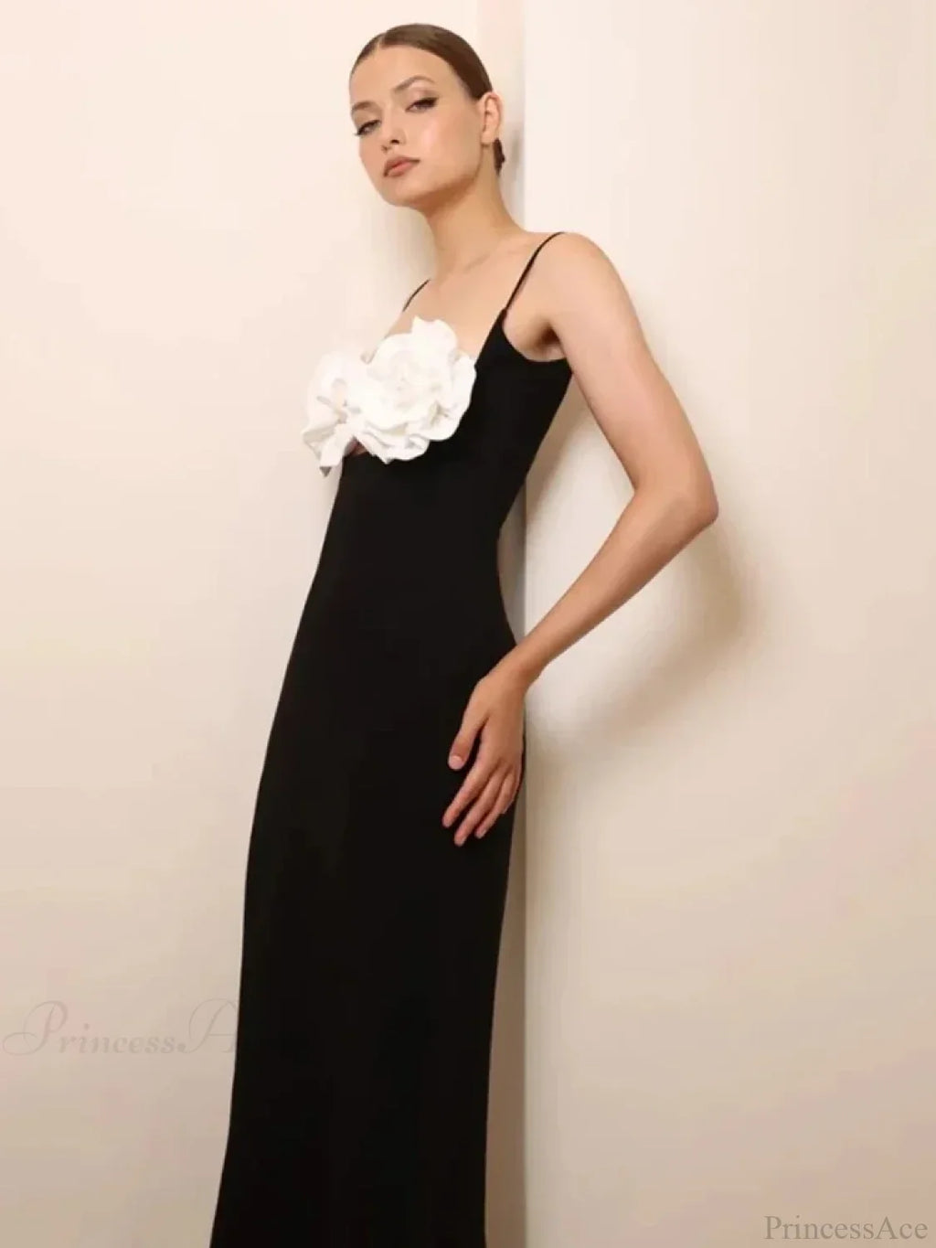 Sexy Spaghetti Strap 3D Flower Bandage Maxi Black Sleeveless Party Dress