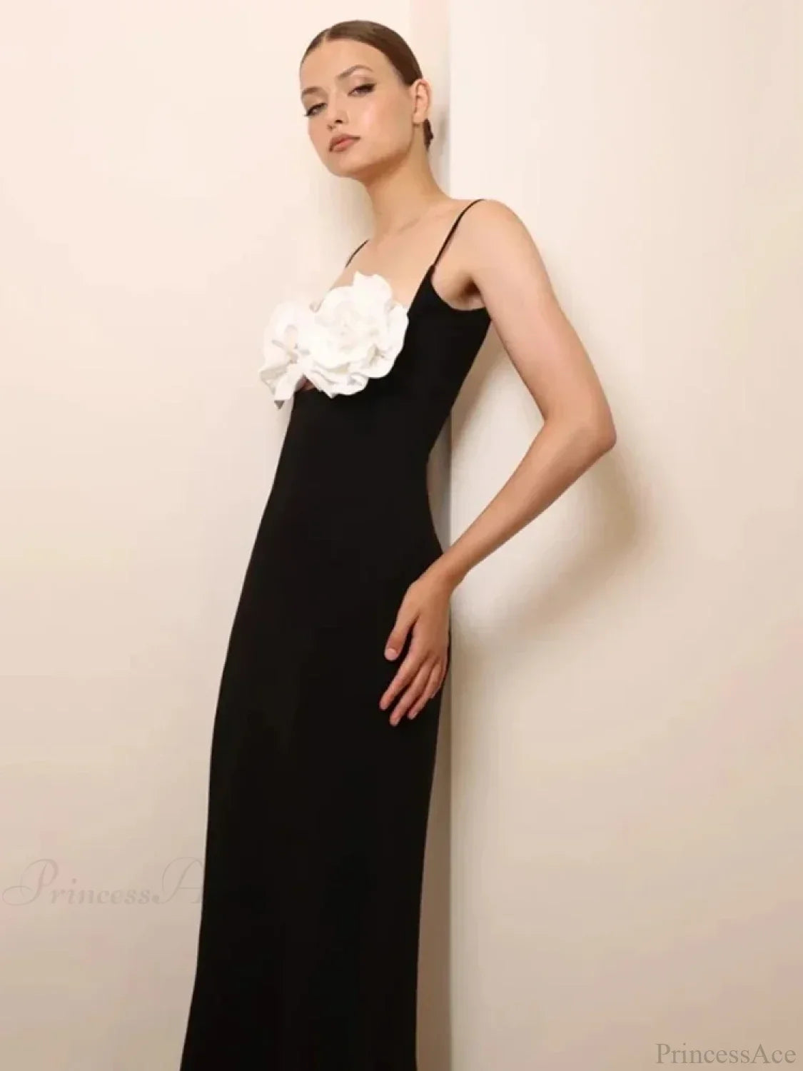 Sexy Spaghetti Strap 3D Flower Bandage Maxi Black Sleeveless Party Dress