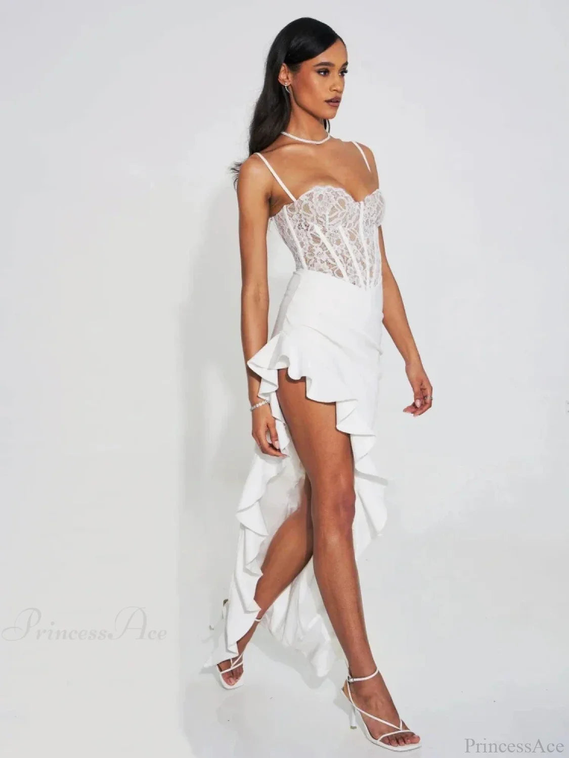 Sexy Spaghetti Strap Lace Patchwork Long Dress Sleeveless Ruffles Party Dress