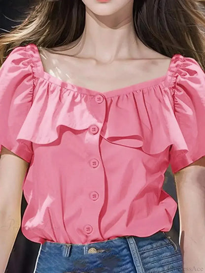 Sexy Square Collar Short Sleeve Casual Blouse