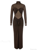 Sexy Turtleneck Mesh Patchwork Folds Brown Long Sleeve Draped Party Dress