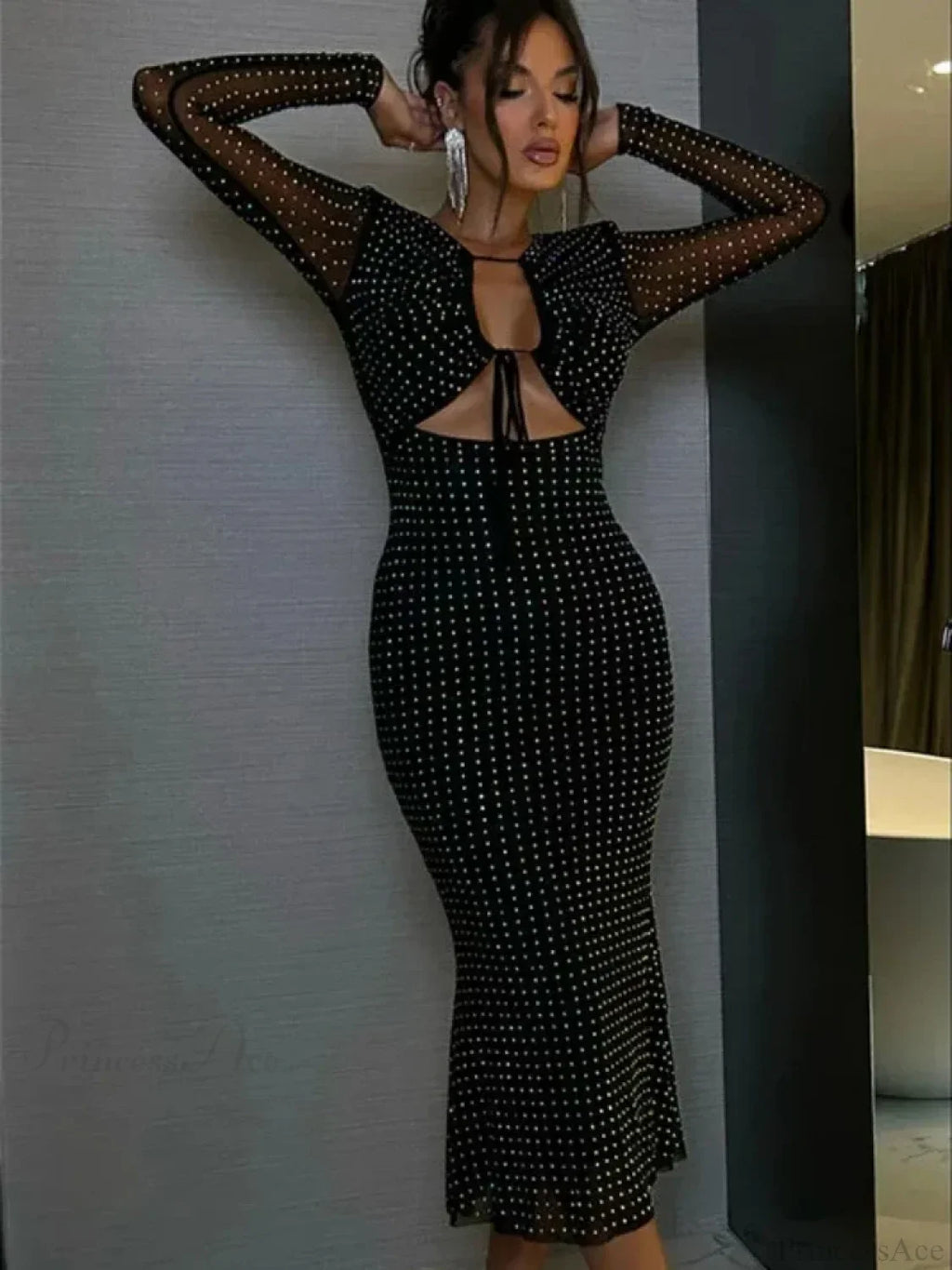 Sexy V Neck Cutout Long Sleeve Glitter Diamonds Black Party Dress