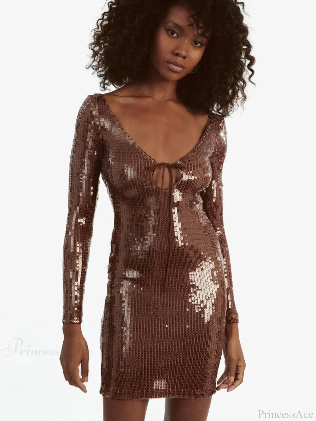Sexy V Neck Long Sleeves Backless Sequin Mini Dress Women Party Dress