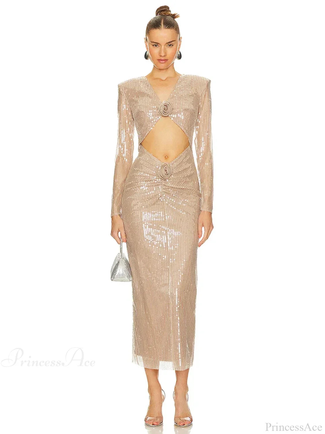 Sexy V Neck Sequins Cutout 3D Flower Dress Long Sleeves Party Dress