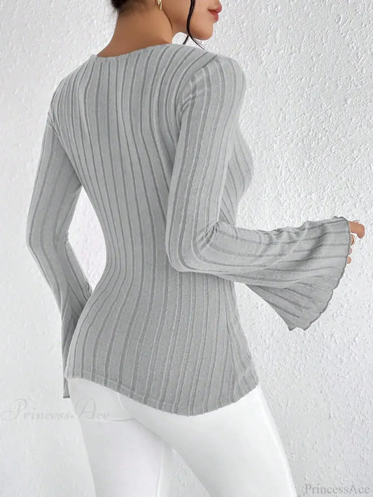 Sexy V-Neck Solid Color Slim Long Sleeve T-shirt Women