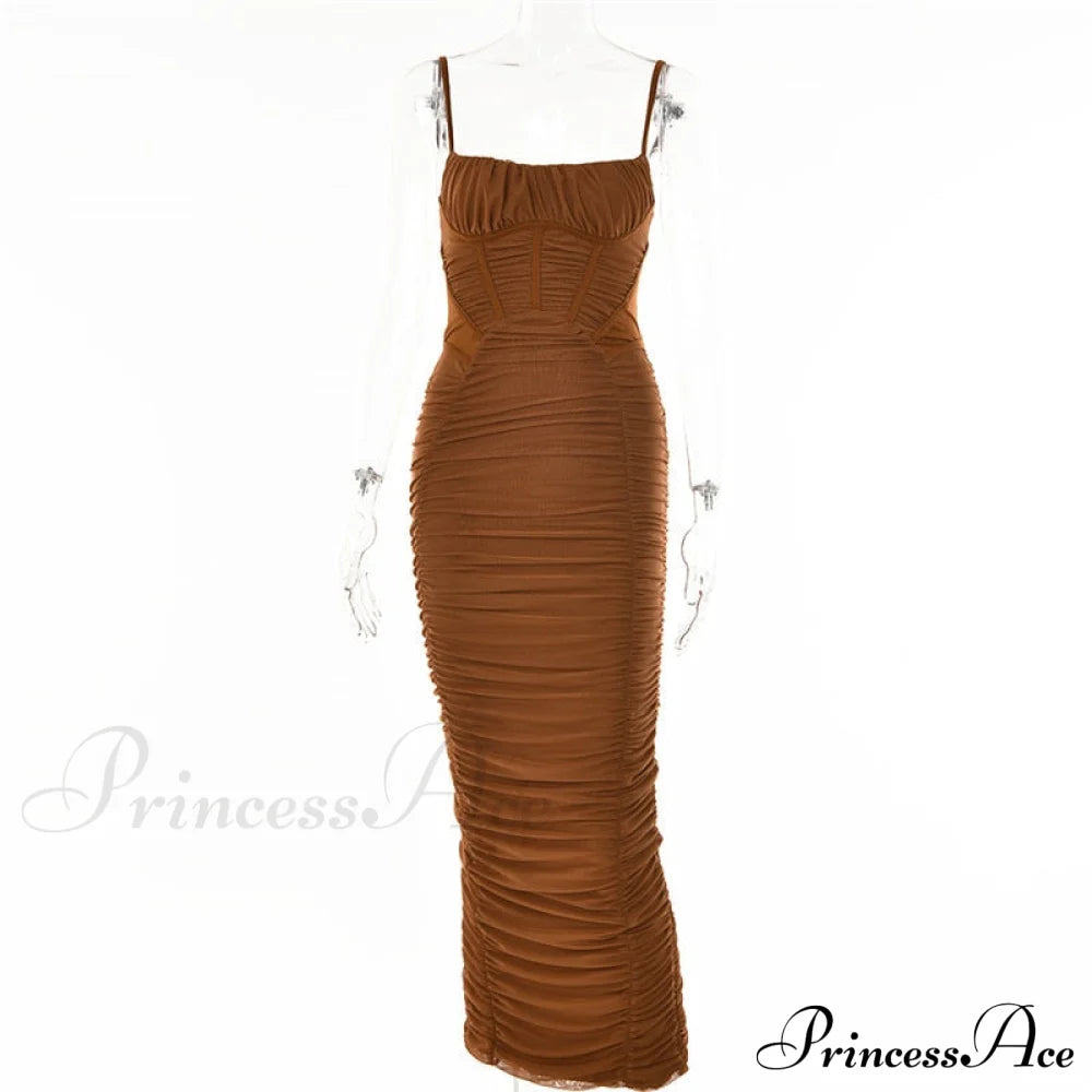 Sexy Warm-Season Strap Elegant Spaghetti Evening Woman Mesh Stretchy Party Gown Ruched Bodycon Long Full-Length Dress