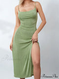 Sexy Women Summer High Split Solid Spaghetti Strap Square Neck Backless Slim Female Vestidos