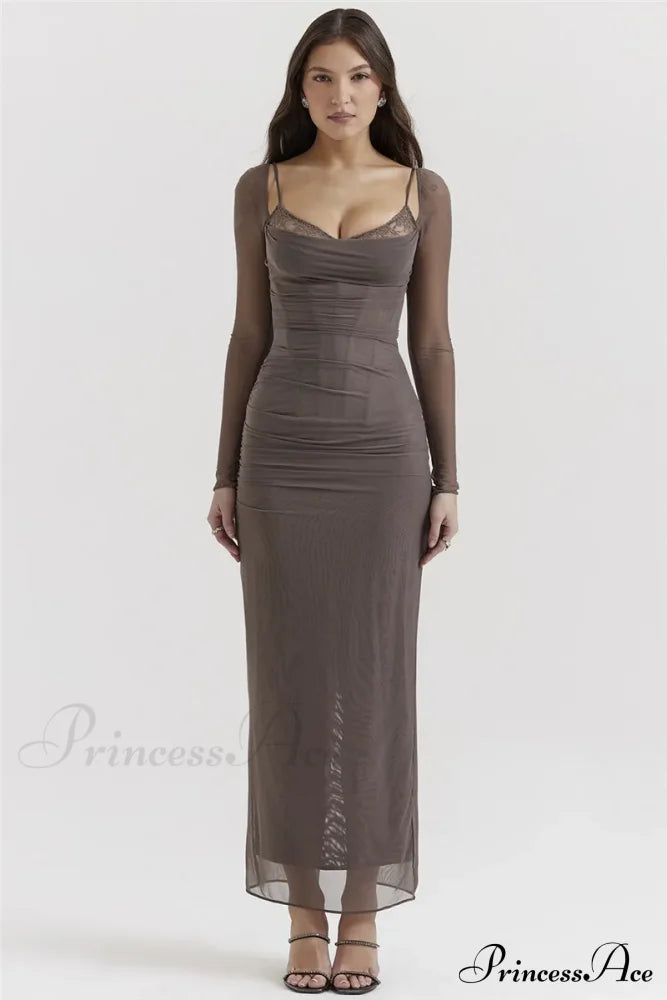 Sheer Long Sleeve Charming Bodycon Maxi Dress
